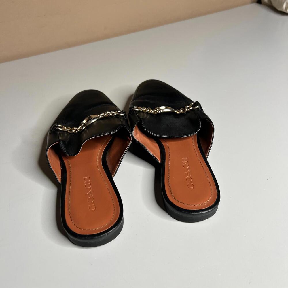 Vintage Coach Black Leather Mules Gold Chain Slip On Shoes Women’s 7B - Picture 5 of 8